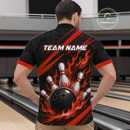 A man viewed from behind wearing a black bowling-themed short-sleeve quarter zip shirt with red and orange flame graphics, a bowling ball and pins design on the back, and 'TEAM NAME' 