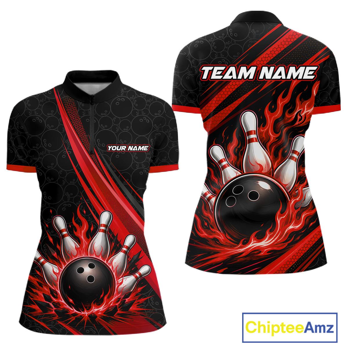 Front and back views of a women's short-sleeve quarter zip shirt with a bowling theme. The shirt is primarily black with red flame-like graphics, white bowling pins, and a black bowling ball.