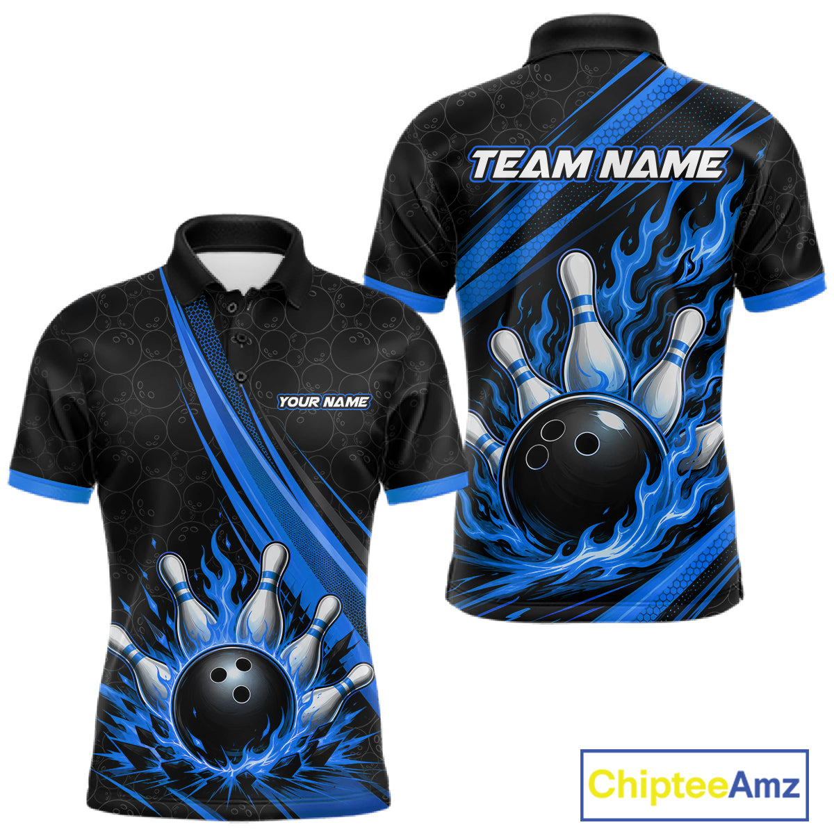 Custom short-sleeve bowling polo shirt shown from the front and back on a white background. The shirt features a black base with blue flame and diagonal stripe graphics, a large bowling ball and pins design, and customizable text placeholders 'TEAM NAME' and 'YOUR NAME'.
