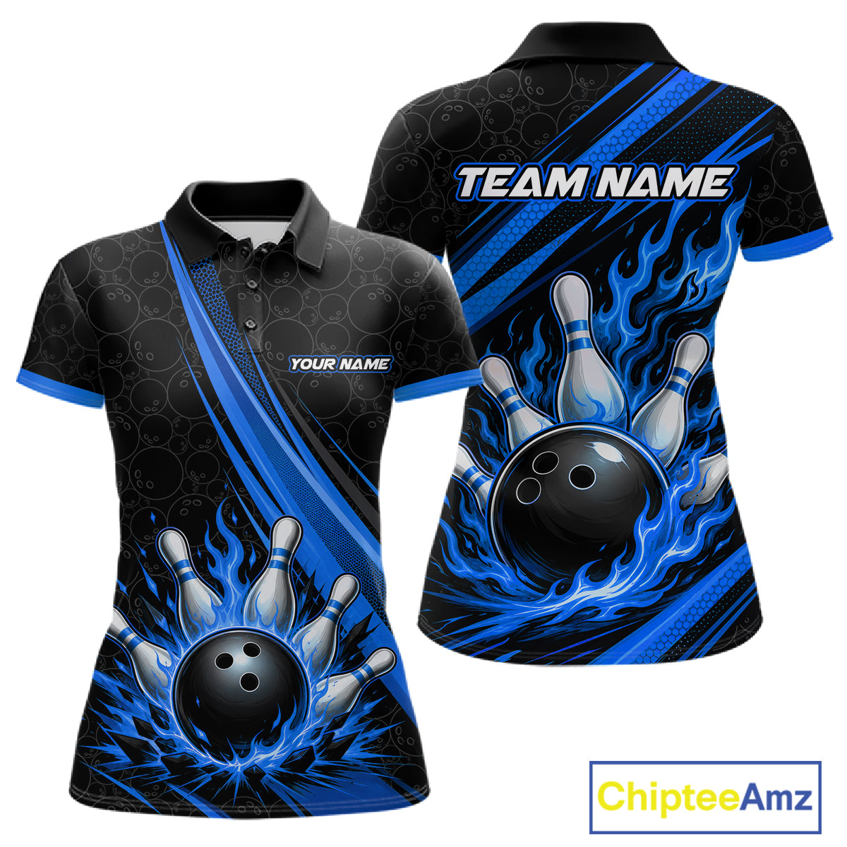 Custom bowling-themed short-sleeve polo shirt shown from both front and back views. The shirt features a black base with vibrant blue flame-like streaks, a graphic of a black bowling ball and white bowling pins, and customizable text placeholders 'YOUR NAME' on the front chest and 'TEAM NAME' on the back.