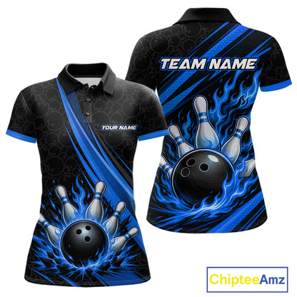 Custom bowling-themed short-sleeve polo shirt shown from both front and back views. The shirt features a black base with vibrant blue flame-like streaks, a graphic of a black bowling ball and white bowling pins, and customizable text placeholders 'YOUR NAME' on the front chest and 'TEAM NAME' on the back.