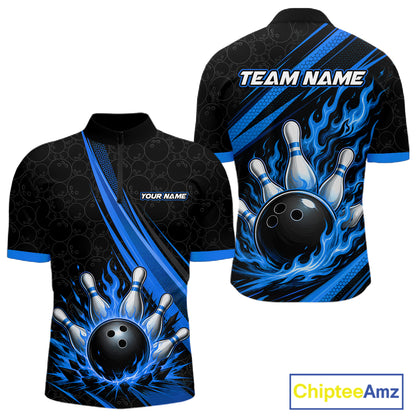 Custom short-sleeve bowling quarter zip shirt shown from the front and back on a white background. The shirt features a black base with bright blue flame-like streaks, a large bowling ball and pins graphic, and customizable text placeholders 'YOUR NAME' and 'TEAM NAME'.