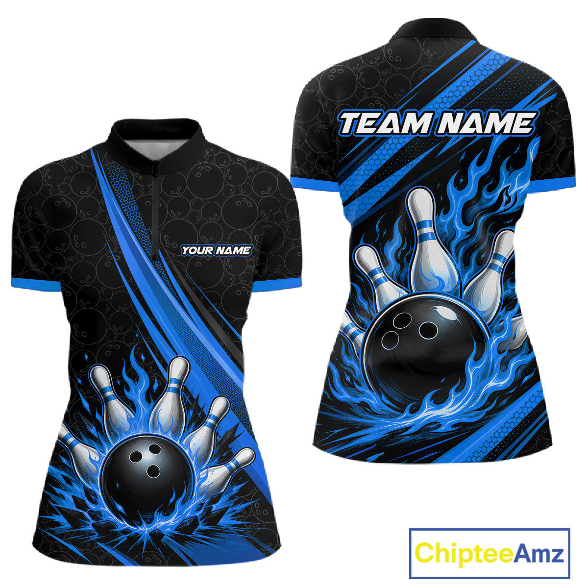 Custom short-sleeve bowling-themed quarter zip shirt shown from the front and back on a white background. The shirt is black with bright blue flame-like stripes, bowling ball and pin graphics, and customizable text placeholders reading 'TEAM NAME' and 'YOUR NAME'.