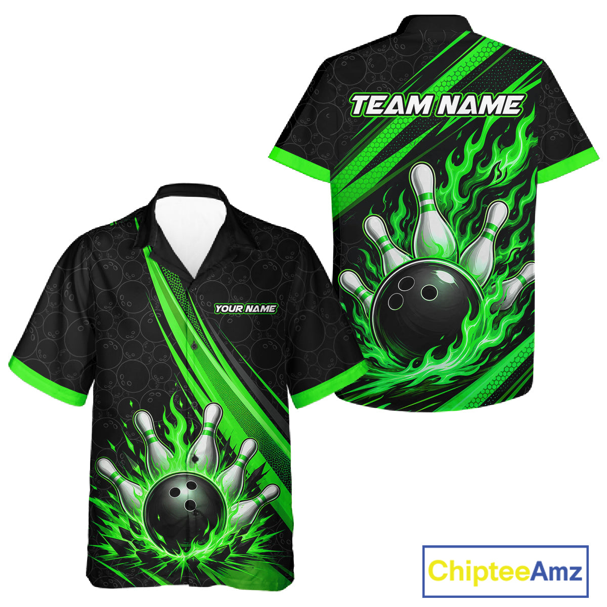Custom bowling-themed short-sleeve button up shirt shown from the front and back on a white background. The design features a black base with neon green flame-like streaks, a bowling ball and pins graphic