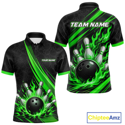 Black short-sleeve bowling-themed polo shirt shown from front and back on a white background, with bright green flame-like graphics, bowling ball and pins artwork, and customizable text placeholders 'TEAM NAME' and 'YOUR NAME'. .