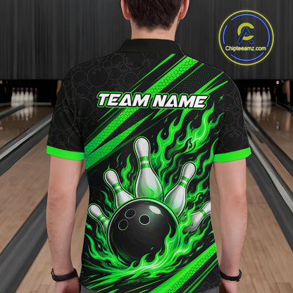 A person viewed from behind wearing a black short-sleeve bowling-themed polo shirt with bright green flame graphics, a black bowling ball and white pins print on the back, and the text 'TEAM NAME' across the upper back.