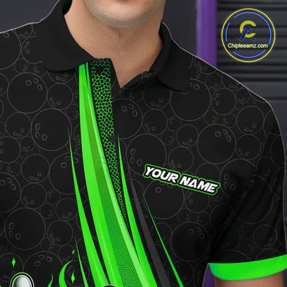 A close-up of a man wearing a black polo shirt with a green bowling-themed pattern, featuring a green vertical stripe design, a green collar trim, and a customizable name 