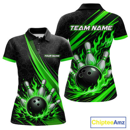 Custom bowling-themed short-sleeve polo shirt shown from both front and back views. The shirt features a black base with vibrant neon green flame-like stripes, a graphic of a black bowling ball and pins, and customizable text placeholders 'TEAM NAME' and 'YOUR NAME'.