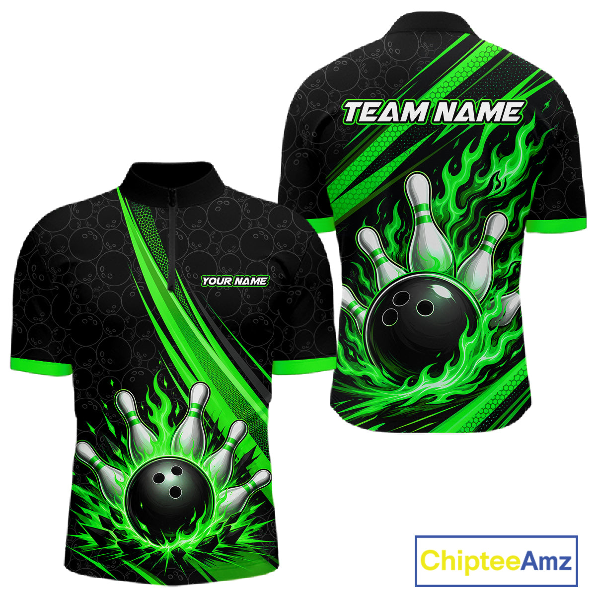 Black short-sleeve bowling-themed quarter zip shirt shown from front and back on a white background, with bright green flame-like graphics, bowling ball and pins artwork, and customizable text placeholders. A ChipteeAmz logo appears in the bottom right corner.