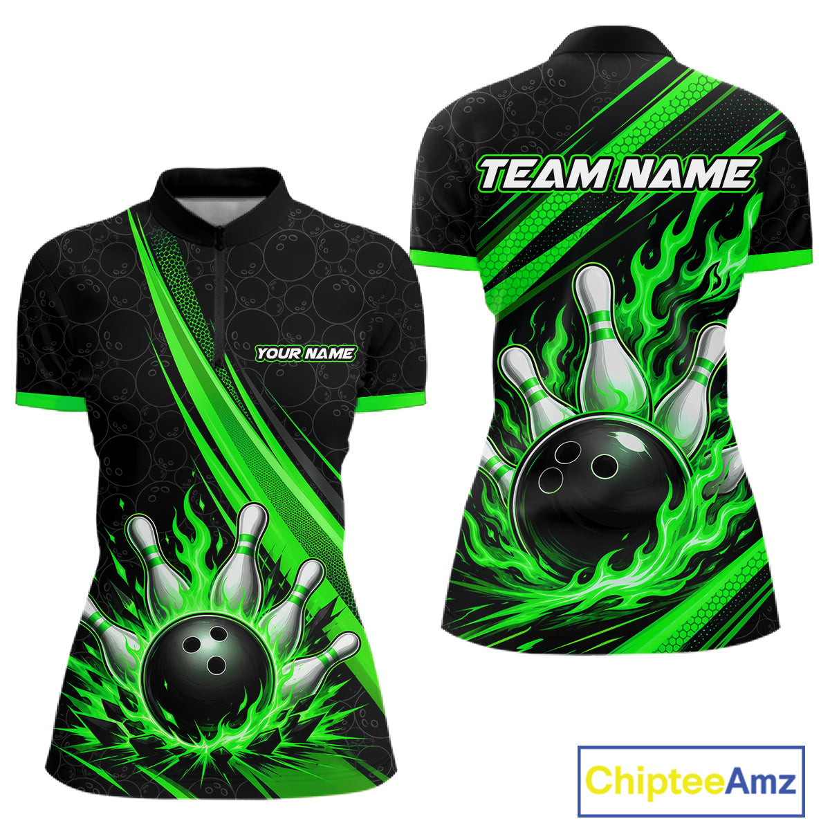 Custom short-sleeve quarter zip shirt shown from the front and back, featuring a black and neon green bowling-themed flame and bowling ball graphic, with placeholder text 'TEAM NAME' and 'YOUR NAME'.