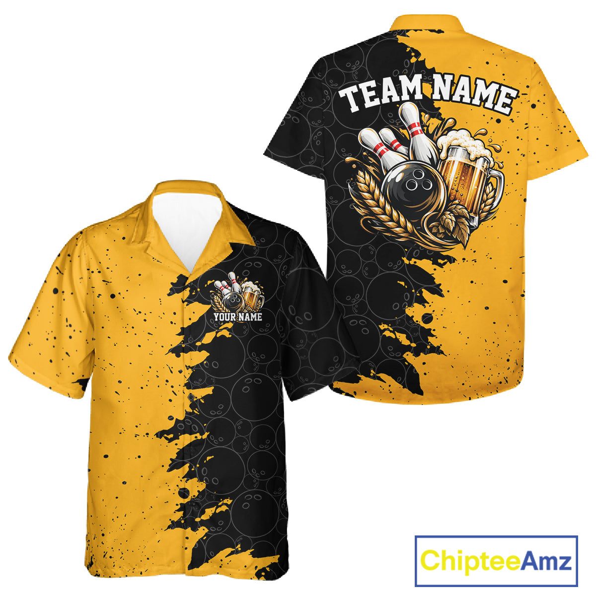 Custom Black And Yellow Grunge Vintage Bowling Beer Men And Women Button Up Team Shirt IPHW12794
