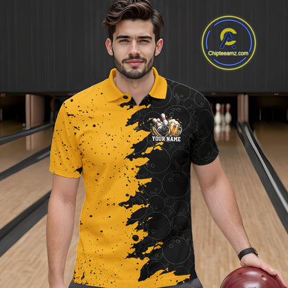Custom Black And Yellow Grunge Vintage Bowling Beer Men Polo Team Shirt IPHW12794