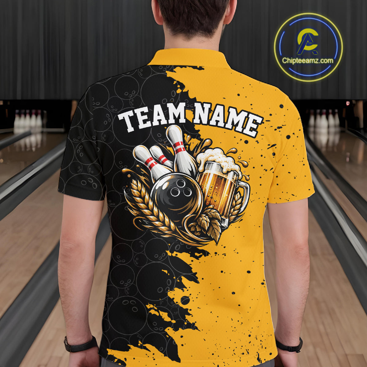 Custom Black And Yellow Grunge Vintage Bowling Beer Men Polo Team Shirt IPHW12794