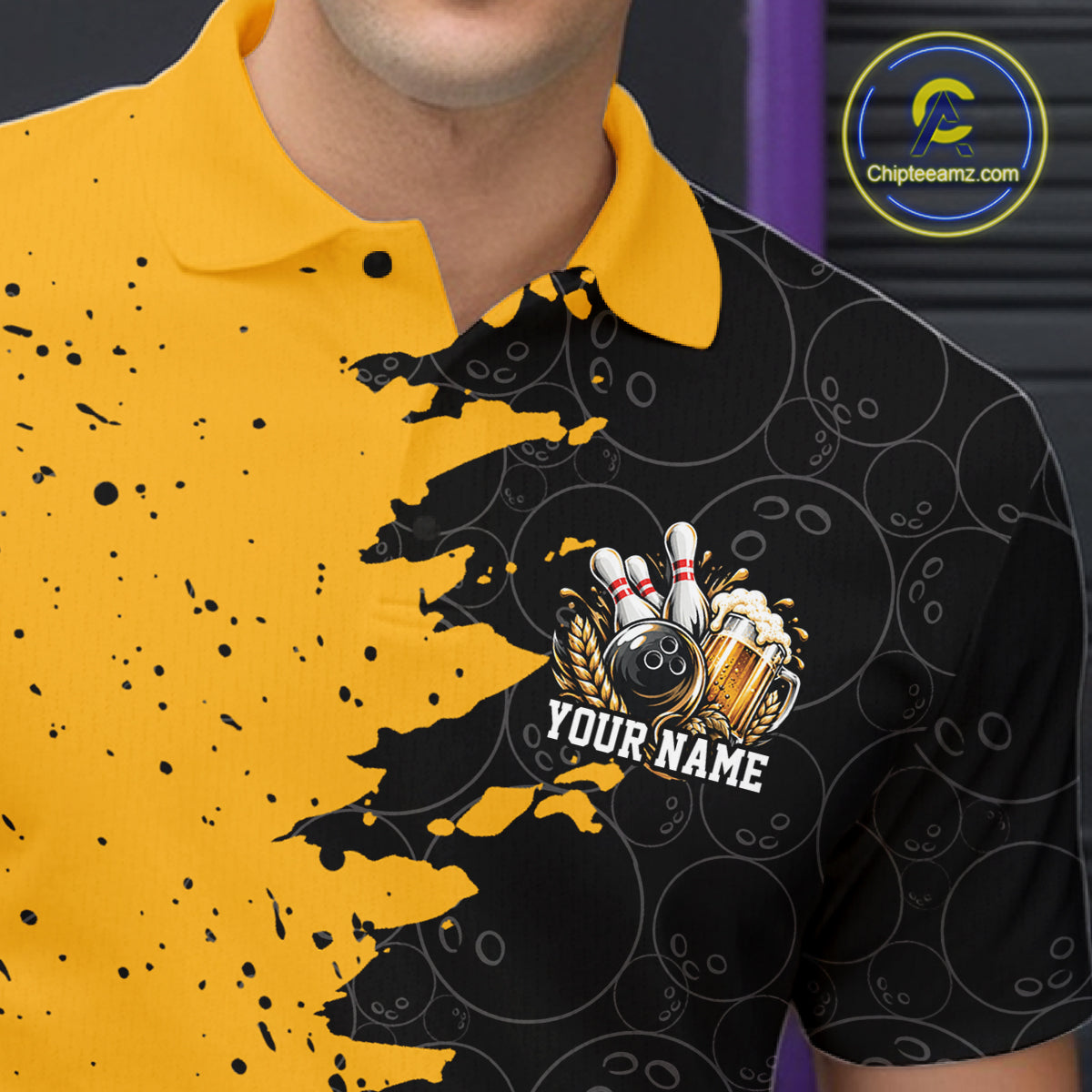 Custom Black And Yellow Grunge Vintage Bowling Beer Men Polo Team Shirt IPHW12794