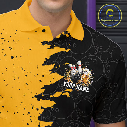 Custom Black And Yellow Grunge Vintage Bowling Beer Men Polo Team Shirt IPHW12794