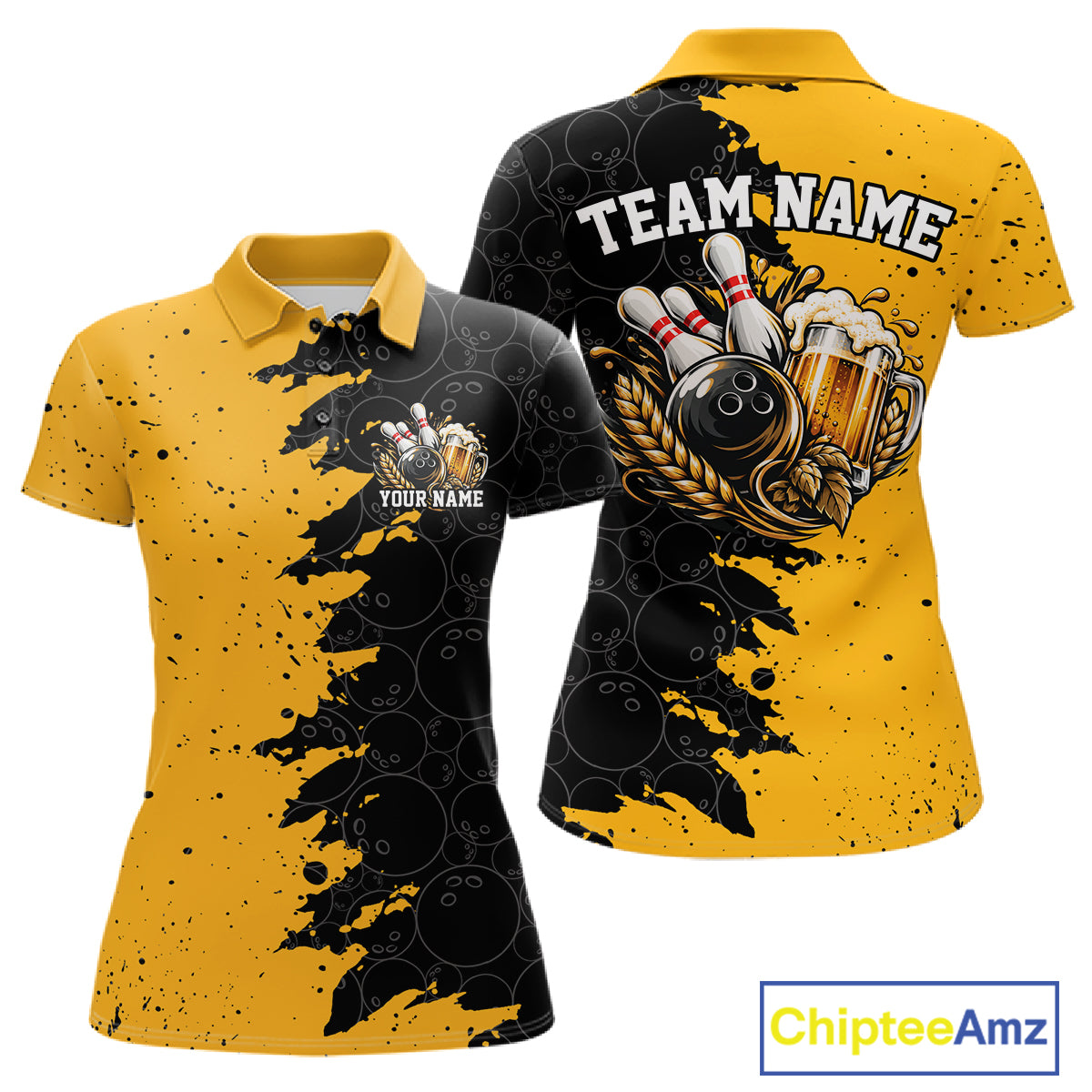 Custom Black And Yellow Grunge Vintage Bowling Beer Women Polo Team Shirt IPHW12794