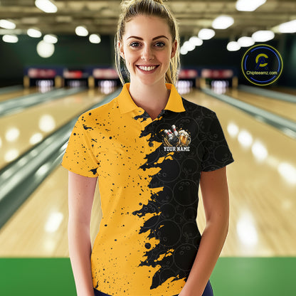 Custom Black And Yellow Grunge Vintage Bowling Beer Women Polo Team Shirt IPHW12794