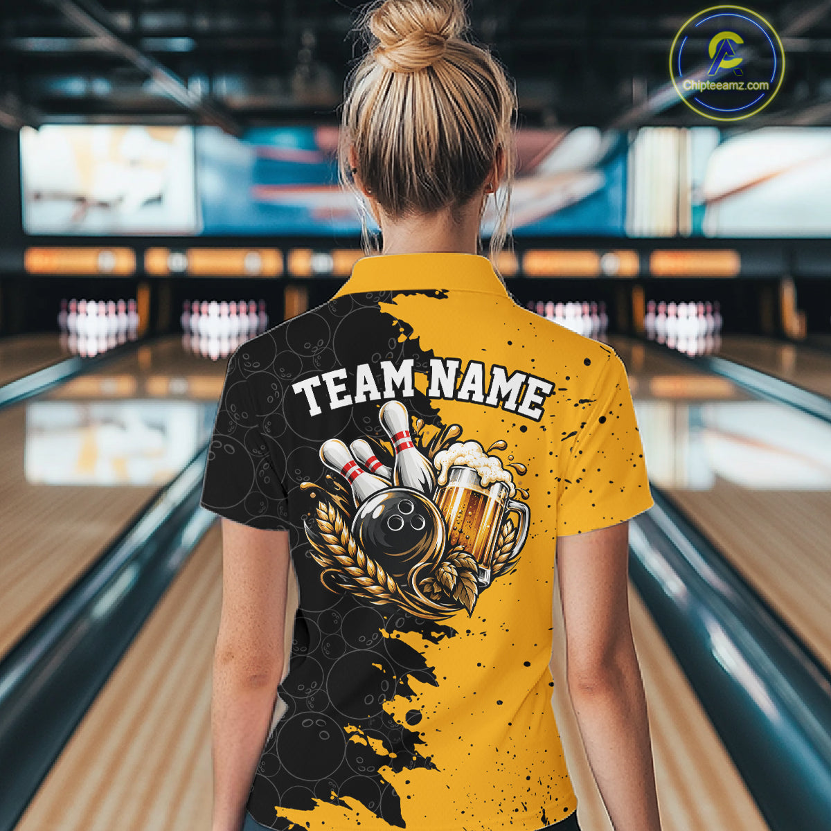 Custom Black And Yellow Grunge Vintage Bowling Beer Women Polo Team Shirt IPHW12794