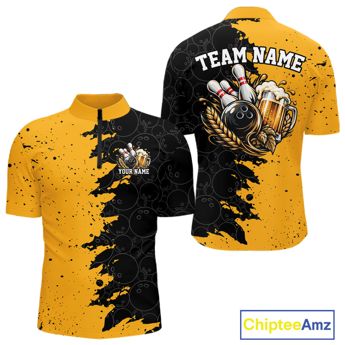 Custom Black And Yellow Grunge Vintage Bowling Beer Men Quarter Zip Team Shirt IPHW12794