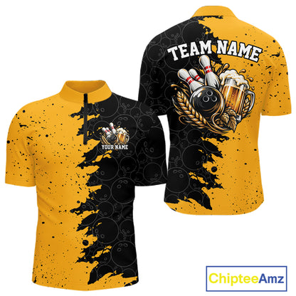 Custom Black And Yellow Grunge Vintage Bowling Beer Men Quarter Zip Team Shirt IPHW12794