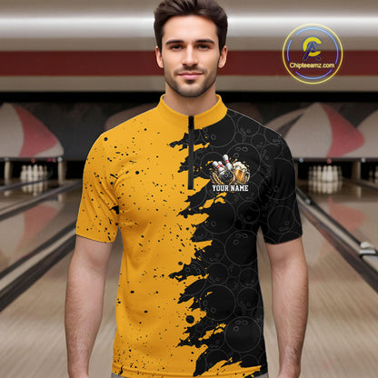 Custom Black And Yellow Grunge Vintage Bowling Beer Men Quarter Zip Team Shirt IPHW12794
