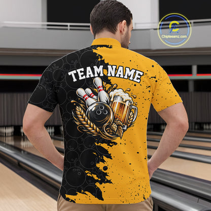 Custom Black And Yellow Grunge Vintage Bowling Beer Men Quarter Zip Team Shirt IPHW12794