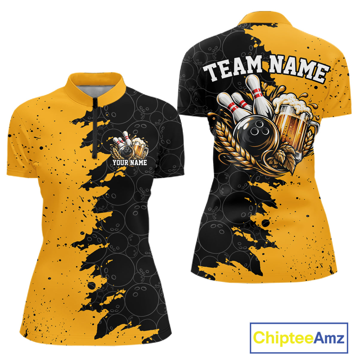 Custom Black And Yellow Grunge Vintage Bowling Beer Women Quarter-Zip Team Shirt IPHW12794