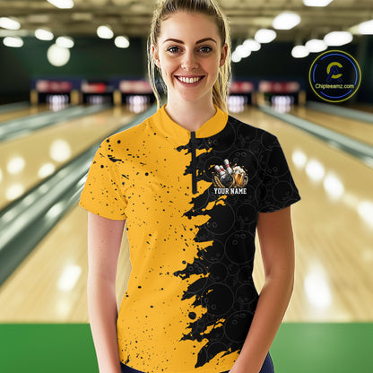 Custom Black And Yellow Grunge Vintage Bowling Beer Women Quarter-Zip Team Shirt IPHW12794