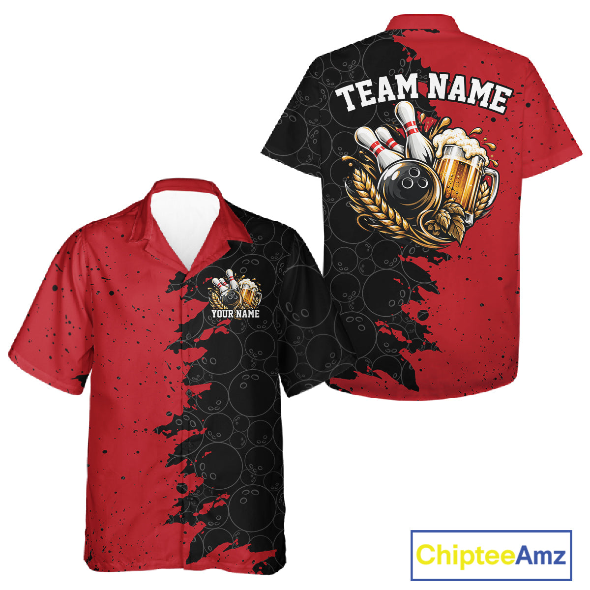 Custom Black And Red Grunge Vintage Bowling Beer Men And Women Button Up Team Shirt IPHW12795