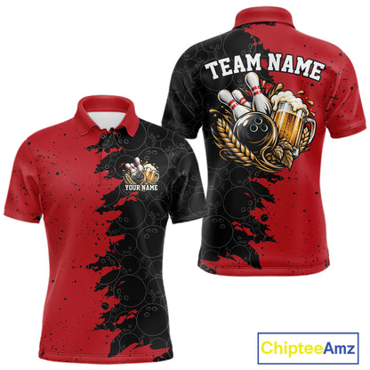 Custom Black And Red Grunge Vintage Bowling Beer Men Polo Team Shirt IPHW12795