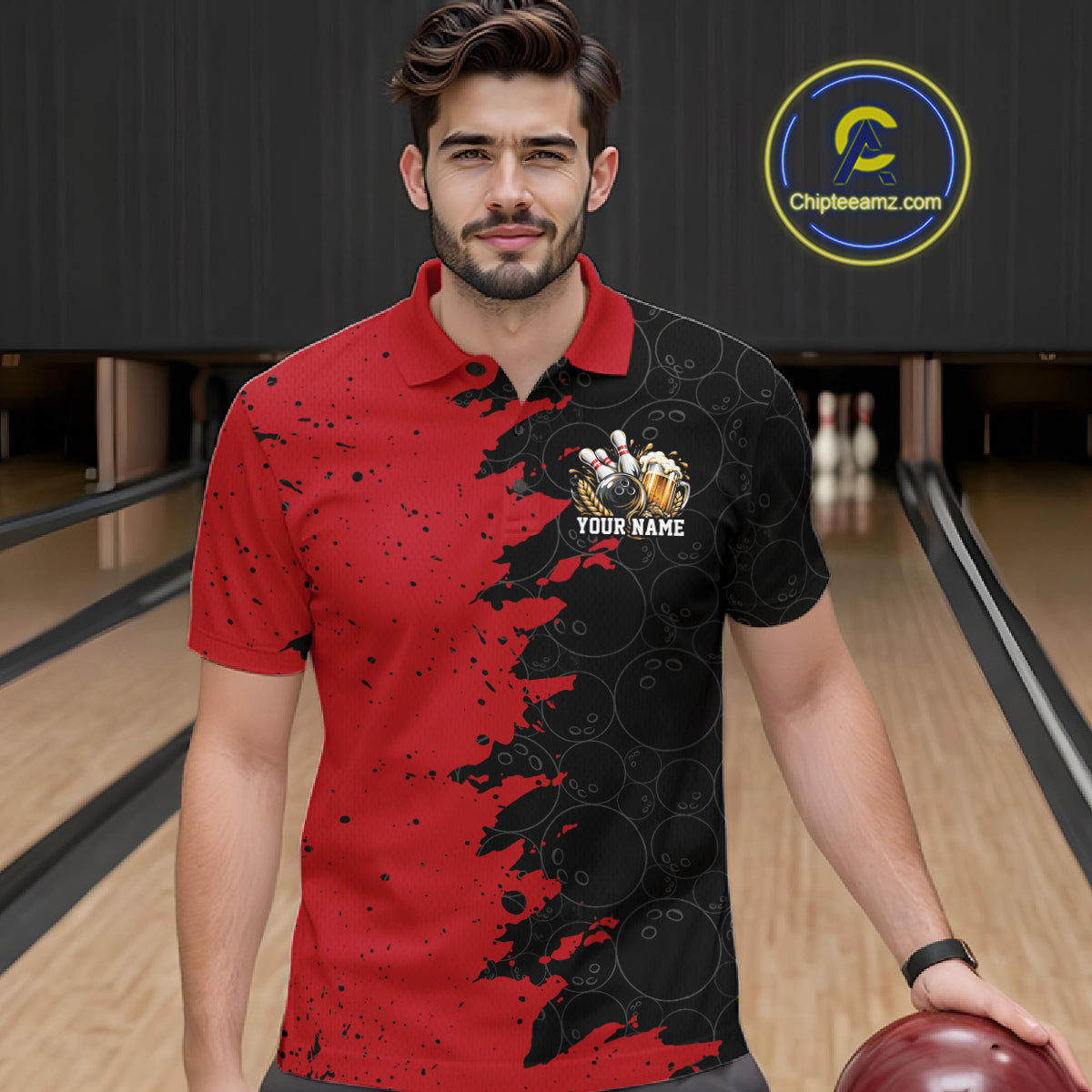Custom Black And Red Grunge Vintage Bowling Beer Men Polo Team Shirt IPHW12795