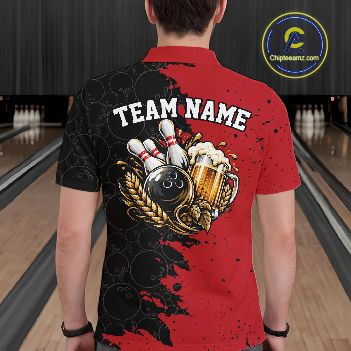 Custom Black And Red Grunge Vintage Bowling Beer Men Polo Team Shirt IPHW12795