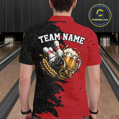 Custom Black And Red Grunge Vintage Bowling Beer Men Polo Team Shirt IPHW12795