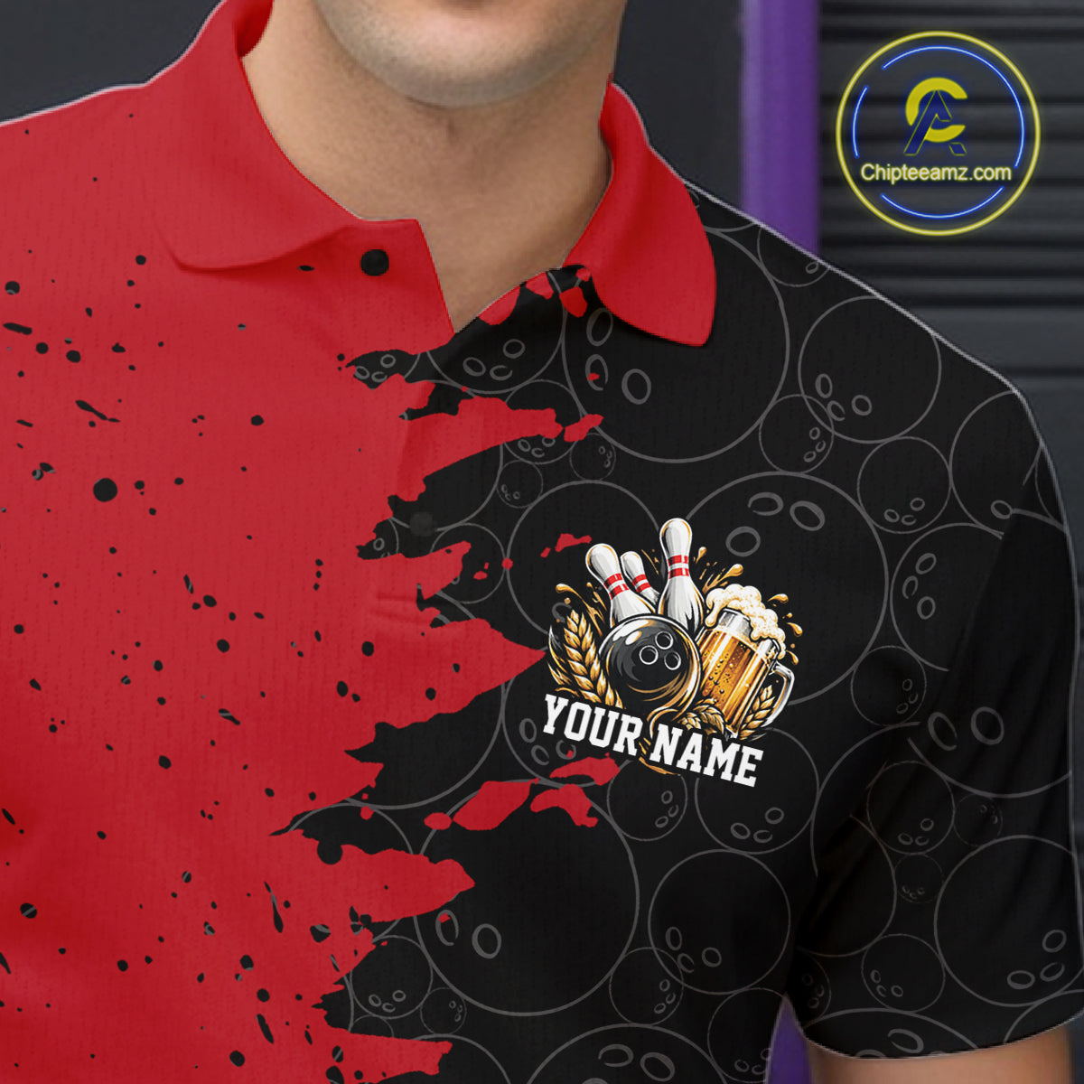Custom Black And Red Grunge Vintage Bowling Beer Men Polo Team Shirt IPHW12795