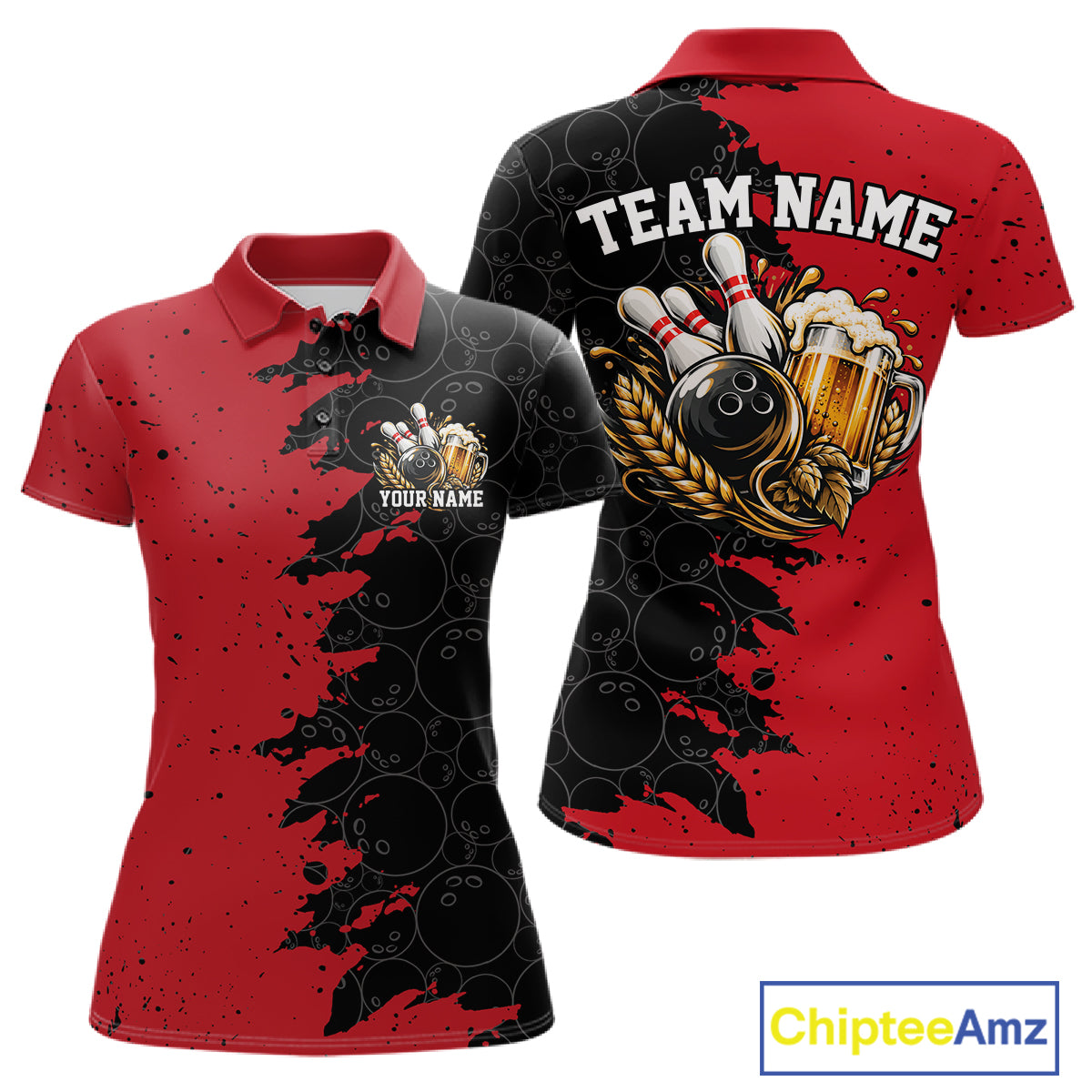 Custom Black And Red Grunge Vintage Bowling Beer Women Polo Team Shirt IPHW12795
