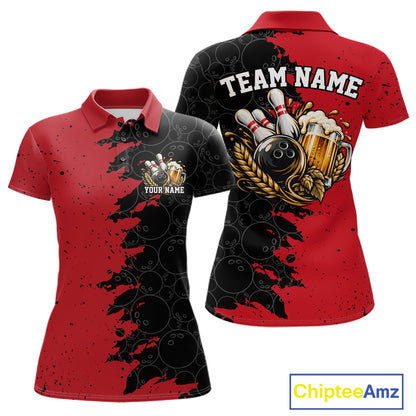 Custom Black And Red Grunge Vintage Bowling Beer Women Polo Team Shirt IPHW12795