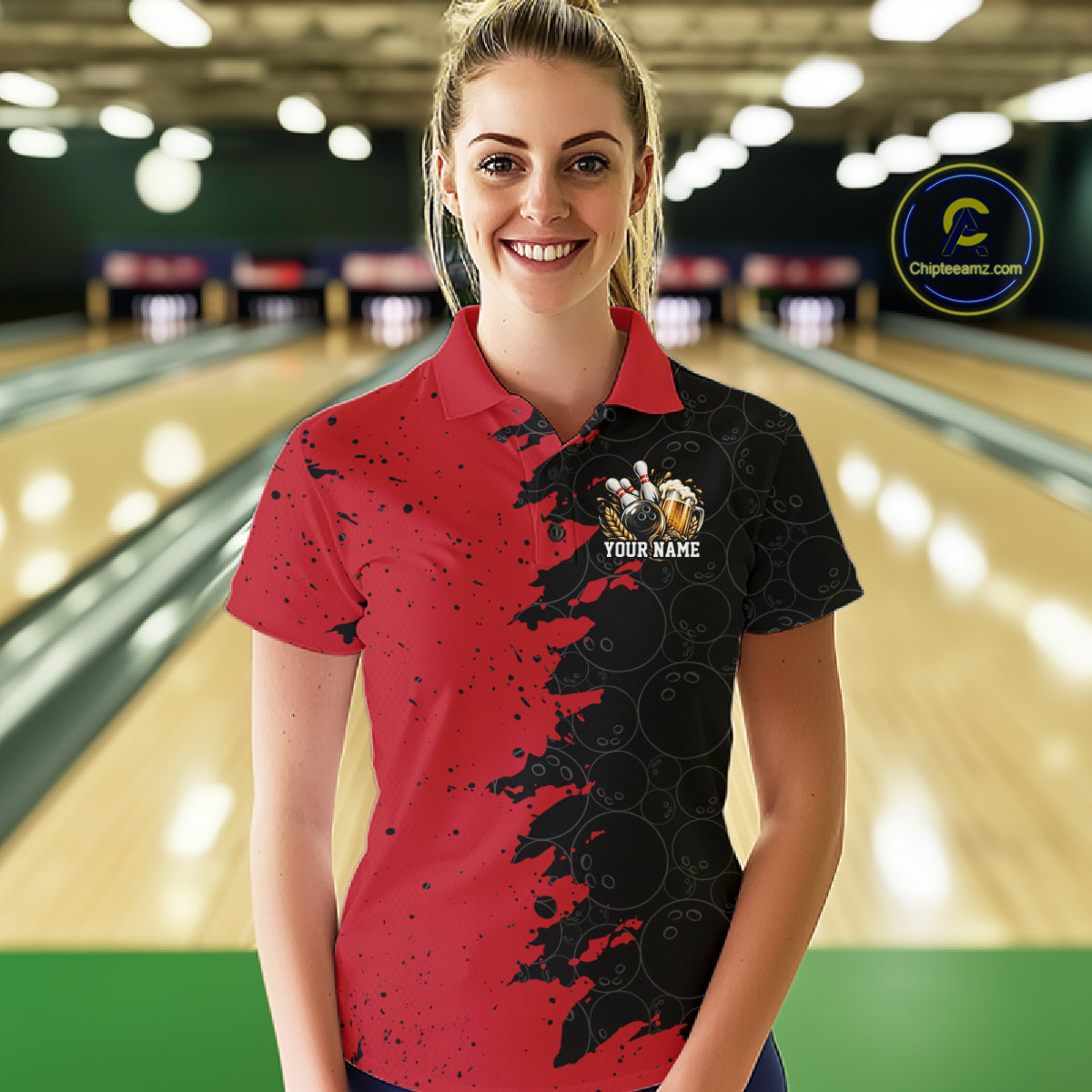 Custom Black And Red Grunge Vintage Bowling Beer Women Polo Team Shirt IPHW12795