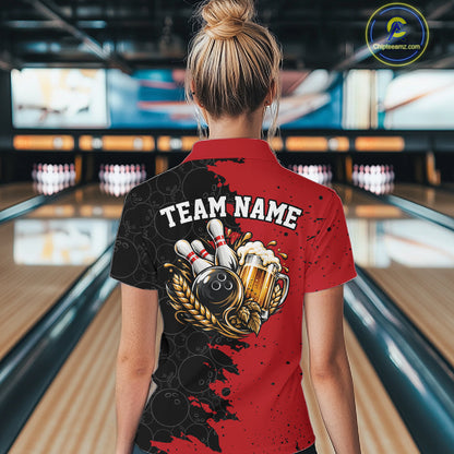 Custom Black And Red Grunge Vintage Bowling Beer Women Polo Team Shirt IPHW12795
