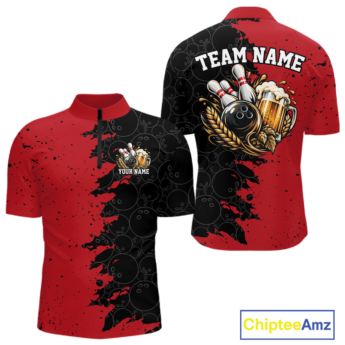 Custom Black And Red Grunge Vintage Bowling Beer Men Quarter Zip Team Shirt IPHW12795