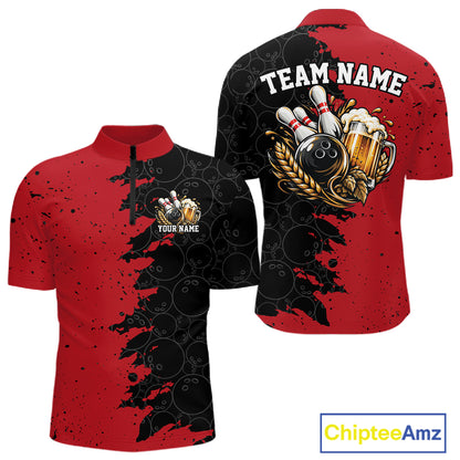 Custom Black And Red Grunge Vintage Bowling Beer Men Quarter Zip Team Shirt IPHW12795
