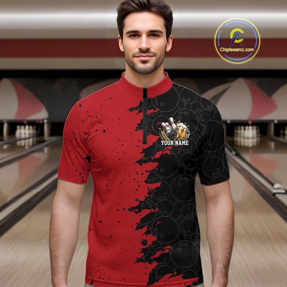 Custom Black And Red Grunge Vintage Bowling Beer Men Quarter Zip Team Shirt IPHW12795