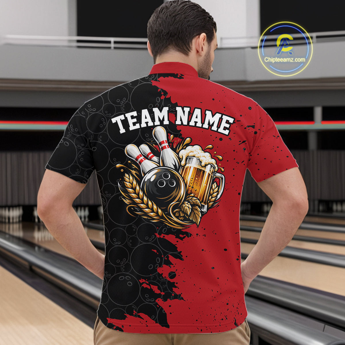 Custom Black And Red Grunge Vintage Bowling Beer Men Quarter Zip Team Shirt IPHW12795