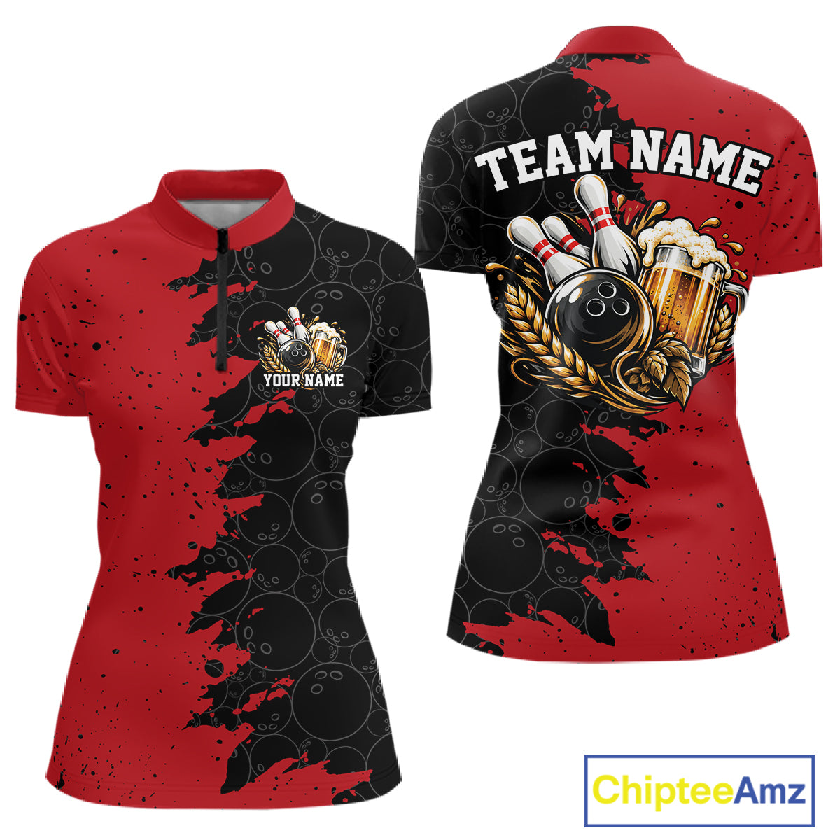 Custom Black And Red Grunge Vintage Bowling Beer Women Quarter-Zip Team Shirt IPHW12795