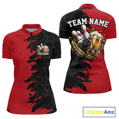 Custom Black And Red Grunge Vintage Bowling Beer Women Quarter-Zip Team Shirt IPHW12795