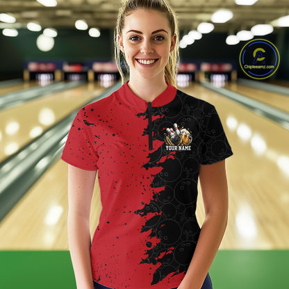 Custom Black And Red Grunge Vintage Bowling Beer Women Quarter-Zip Team Shirt IPHW12795