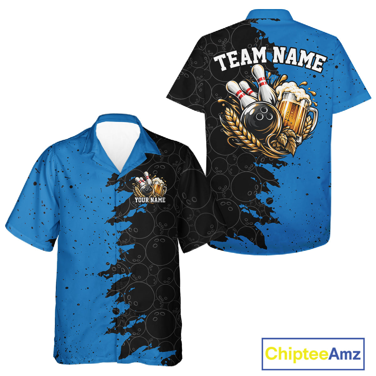 Custom Black And Blue Grunge Vintage Bowling Beer Men And Women Button Up Team Shirt IPHW12796