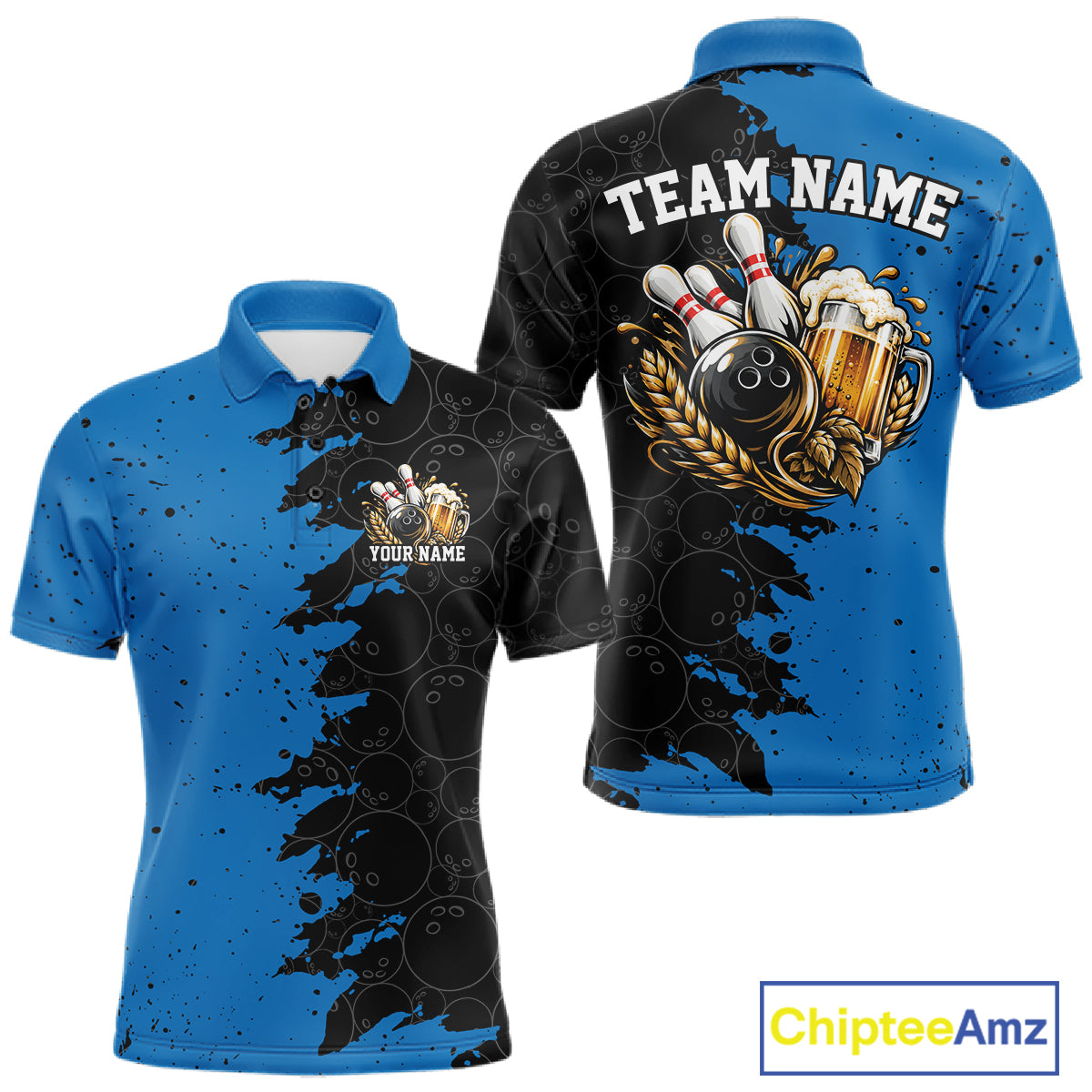 Custom Black And Blue Grunge Vintage Bowling Beer Men Polo Team Shirt IPHW12796