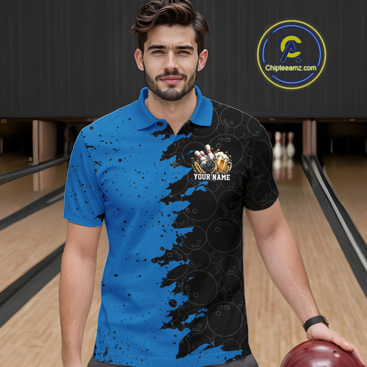 Custom Black And Blue Grunge Vintage Bowling Beer Men Polo Team Shirt IPHW12796