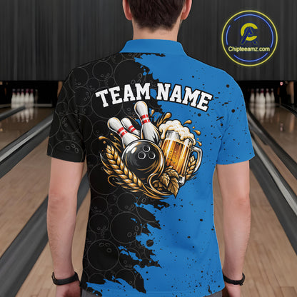 Custom Black And Blue Grunge Vintage Bowling Beer Men Polo Team Shirt IPHW12796