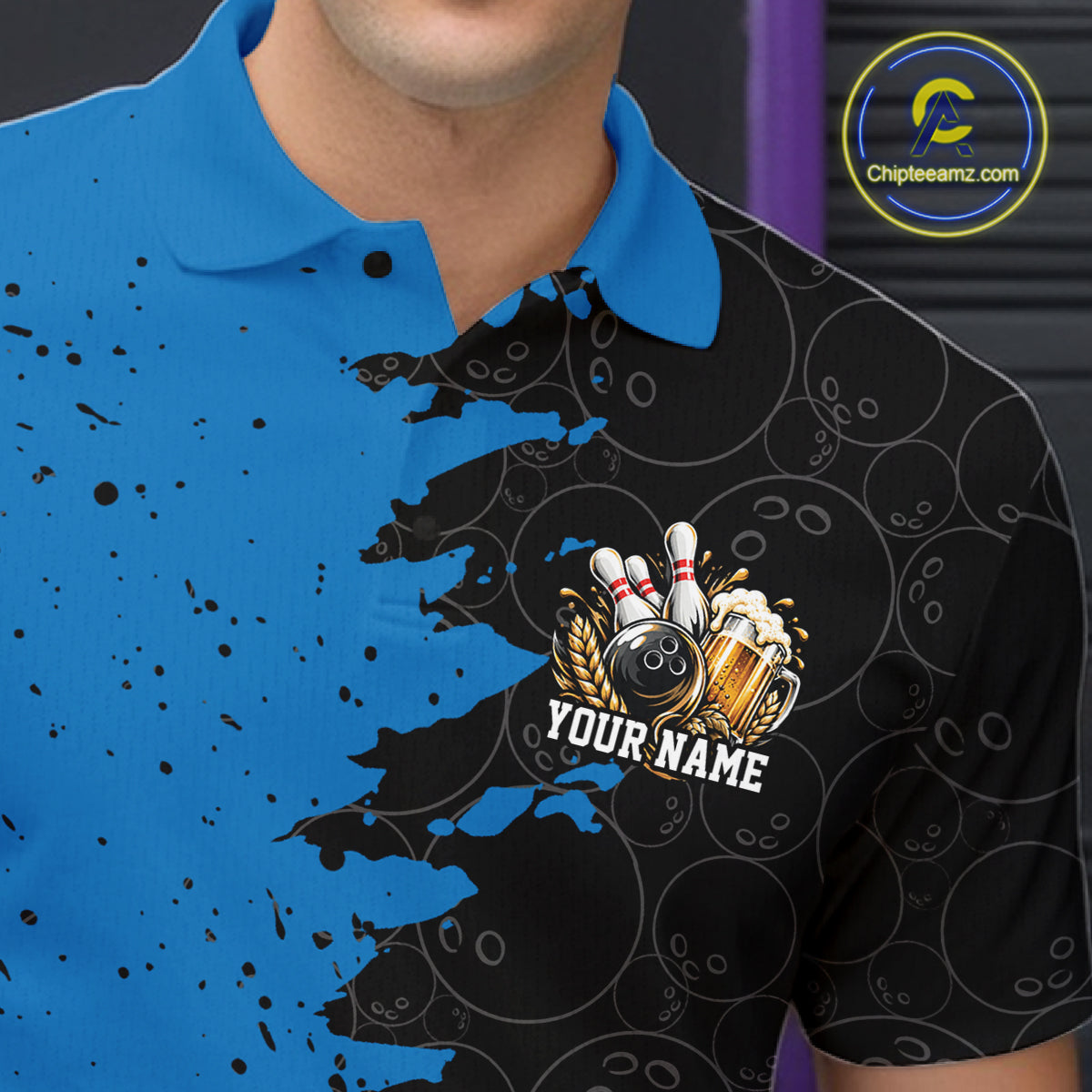 Custom Black And Blue Grunge Vintage Bowling Beer Men Polo Team Shirt IPHW12796